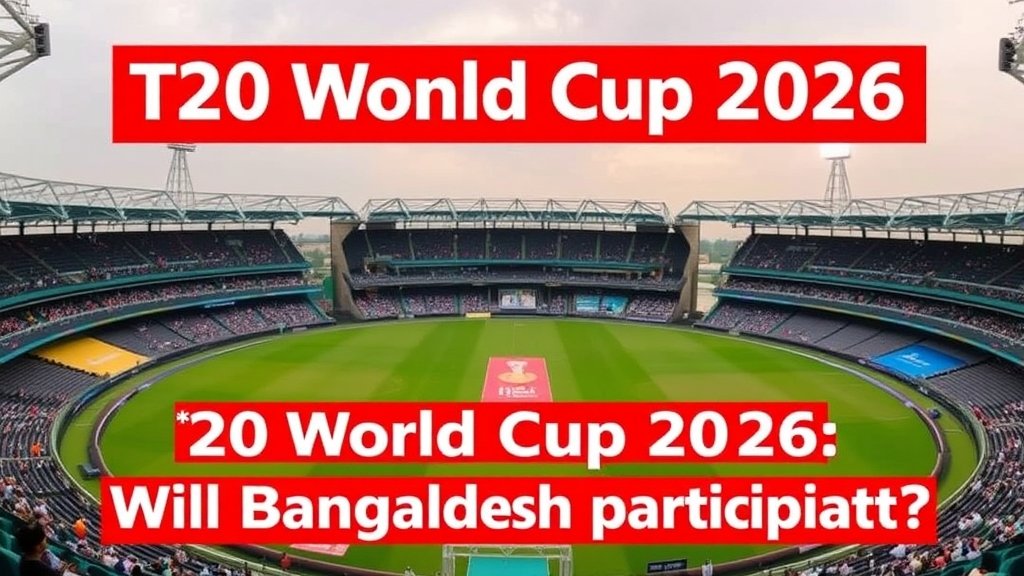 A photo of a cricket stadium in India with a caption "T20 World Cup 2026: Will Bangladesh participate?"