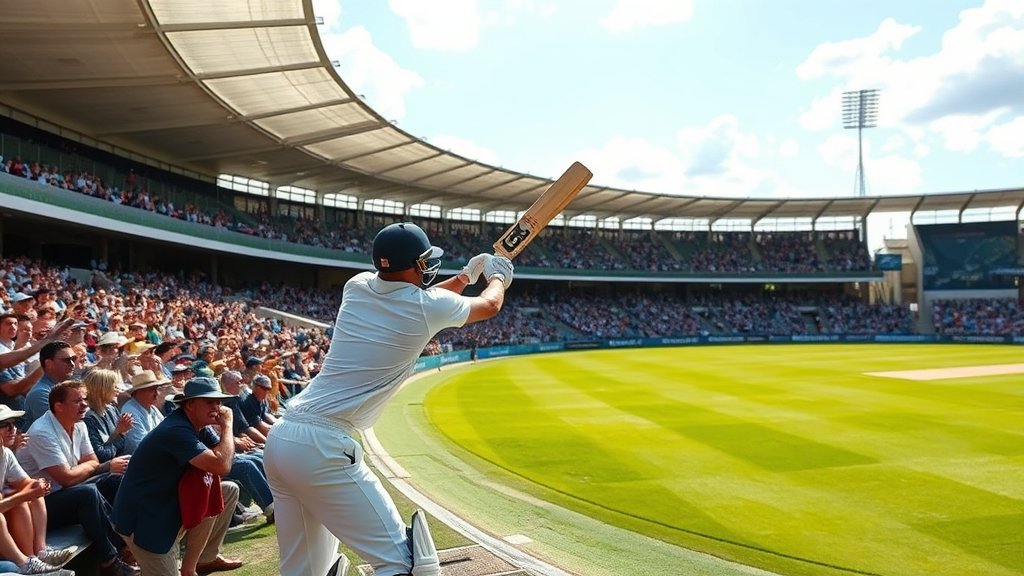 A photo of a cricket player hitting a six in a stadium with a excited crowd in the background