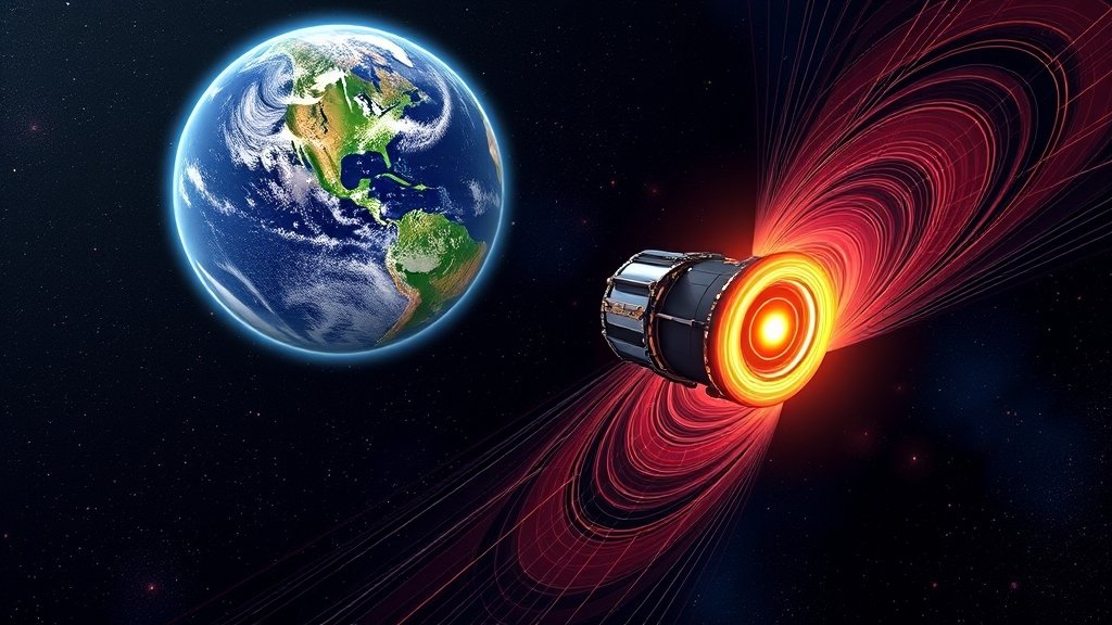 A detailed illustration of the Magnetospheric Multiscale (MMS) spacecraft in orbit around Earth, with visualizations of magnetic field lines and plasma waves in the magnetosheath.