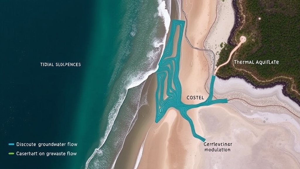 Aerial view of a mild-slope beach with a coastal aquifer, highlighting the interaction between tidal influences, groundwater flow, and thermal modulation.