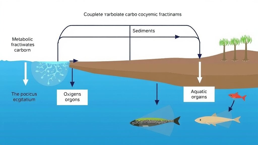 A diagram illustrating the coupled carbonate equilibrium and metabolic fractionation processes in a freshwater ecosystem, with arrows showing the flow of carbon and oxygen isotopes between different components, including water, sediments, and aquatic organisms.