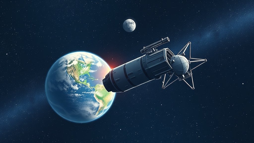 An illustration of a futuristic space telescope in orbit around the Earth, with a lunar module in the background, set against a stunning starry night sky.