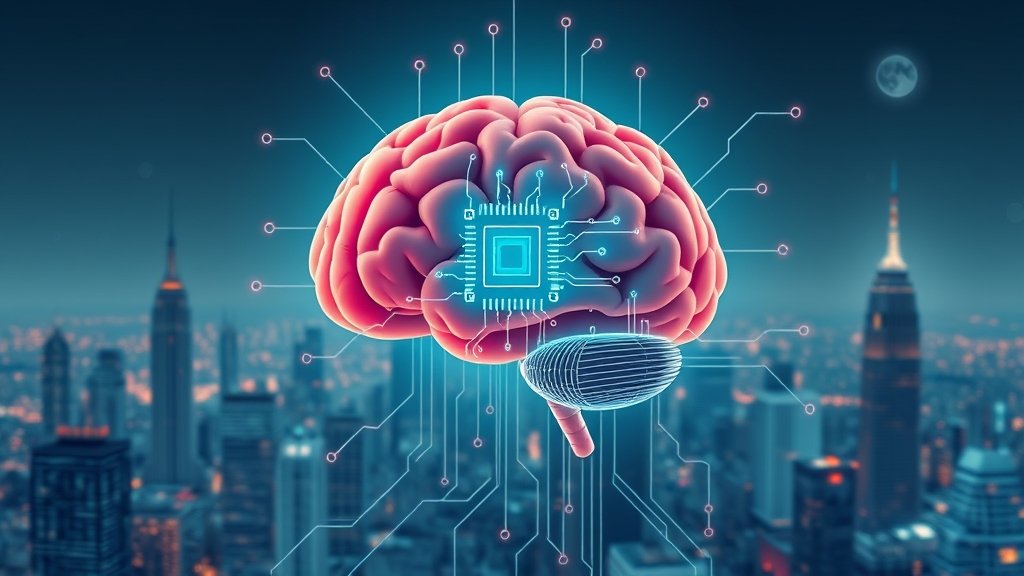 A futuristic illustration of a human brain connected to a computer chip, with a cityscape in the background, symbolizing the merger of human intelligence and artificial intelligence.