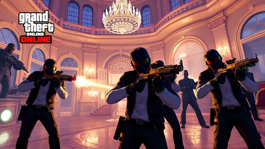 A screenshot of the new Mansion Raid mode in GTA Online, showcasing a team of players infiltrating a luxurious mansion with high-tech gadgets and weapons.