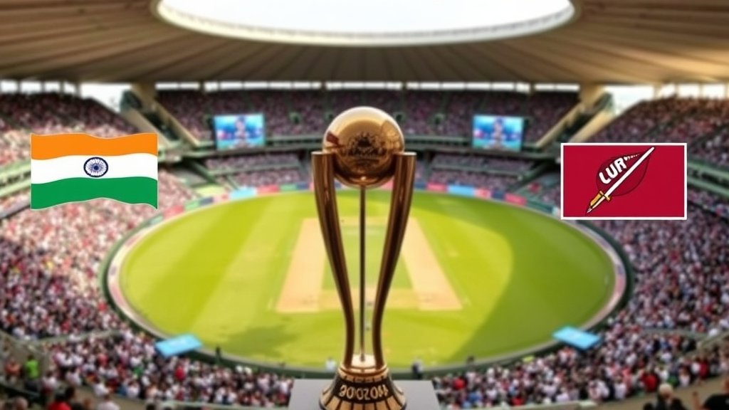 A photo of a cricket stadium with a packed crowd, with the Indian and West Indies teams playing in the background, and the ICC Under 19 World Cup trophy in the foreground.