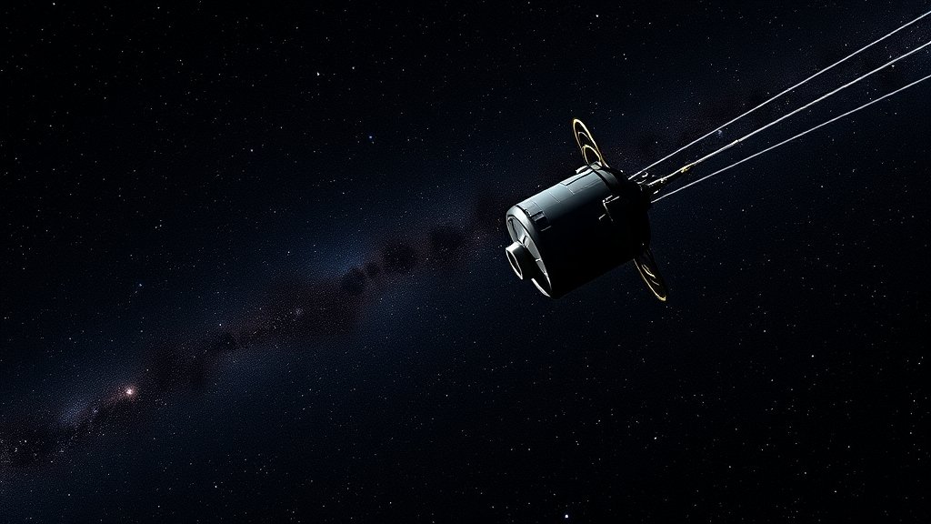 An image of the Voyager 1 spacecraft with a starry background, showcasing its journey towards interstellar space