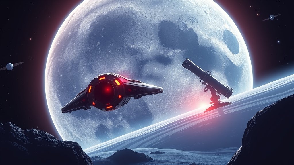 A futuristic illustration of a spaceship approaching the moon with a large telescope in the background, symbolizing the new era of space exploration in 2026