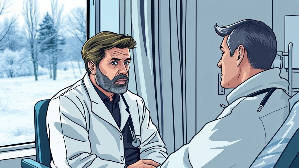 A doctor in a hospital examining a patient with a concerned expression, with a thermometer and a stethoscope nearby, and a window showing a cold winter landscape outside