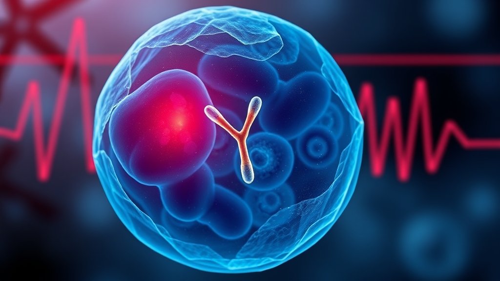 A microscopic image of a human cell with a highlighted Y chromosome, with a subtle background of a heartbeat graph to represent cardiovascular health.