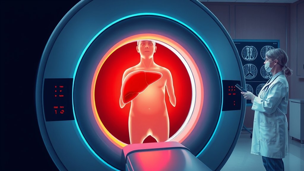 A detailed illustration of an MRI machine with a patient inside, highlighting the liver area, with a doctor and a researcher discussing the results in the background.
