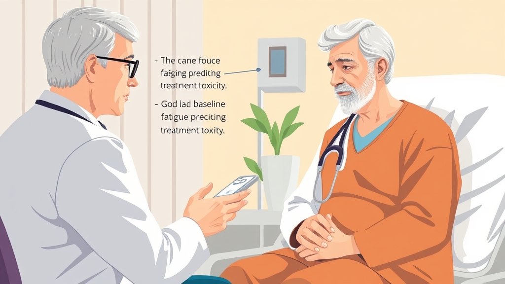 a detailed illustration of a doctor discussing cancer treatment options with a patient, highlighting the importance of baseline fatigue in predicting treatment toxicity