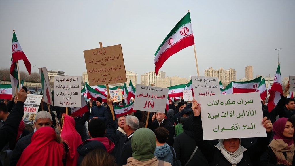 A photograph of a protest in Iran with people holding signs and banners, with a subtle background of a cityscape and a sense of tension in the air.