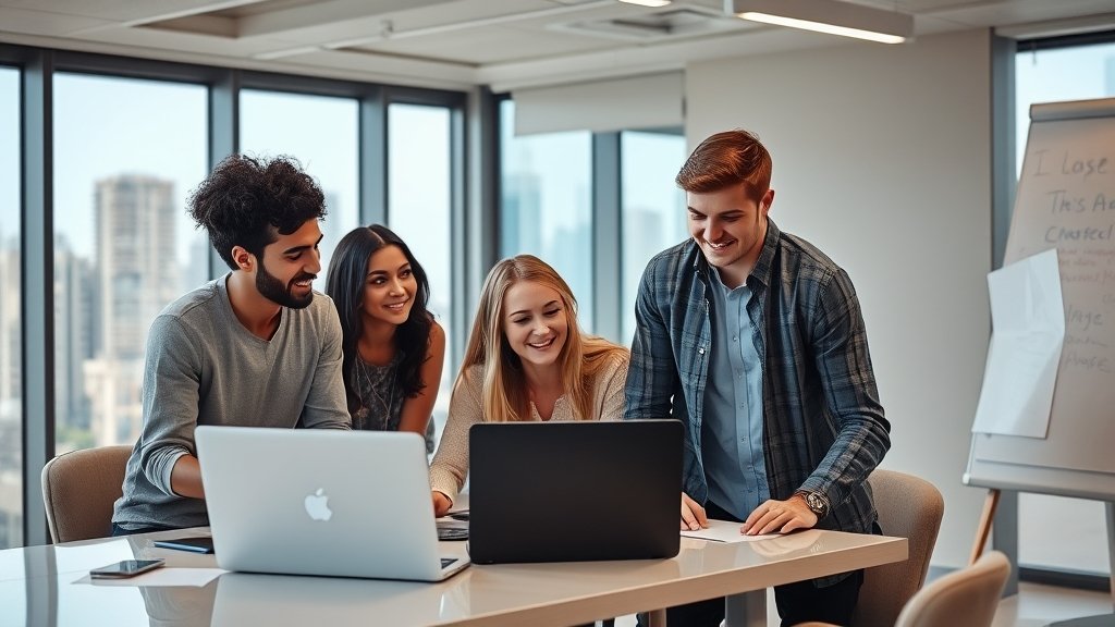 A photo of a group of young entrepreneurs working together in a modern office space with laptops and whiteboards, with a cityscape in the background.