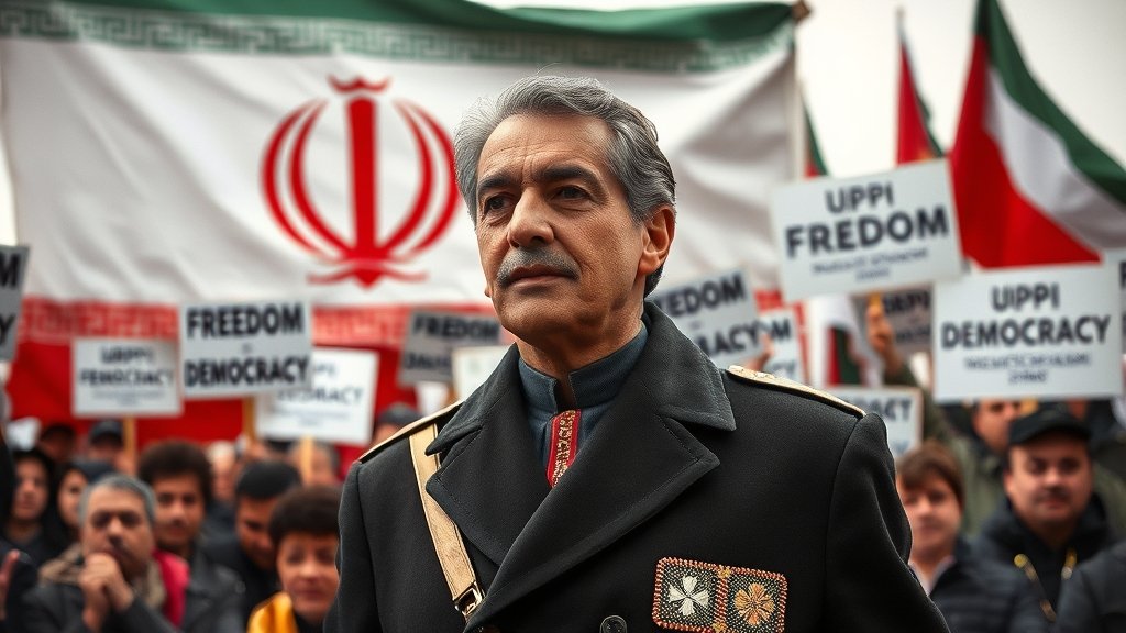 A photo of the exiled crown prince Reza Pahlavi standing in front of a backdrop of the Iranian flag, with a crowd of protesters in the background holding signs that read "Freedom" and "Democracy"