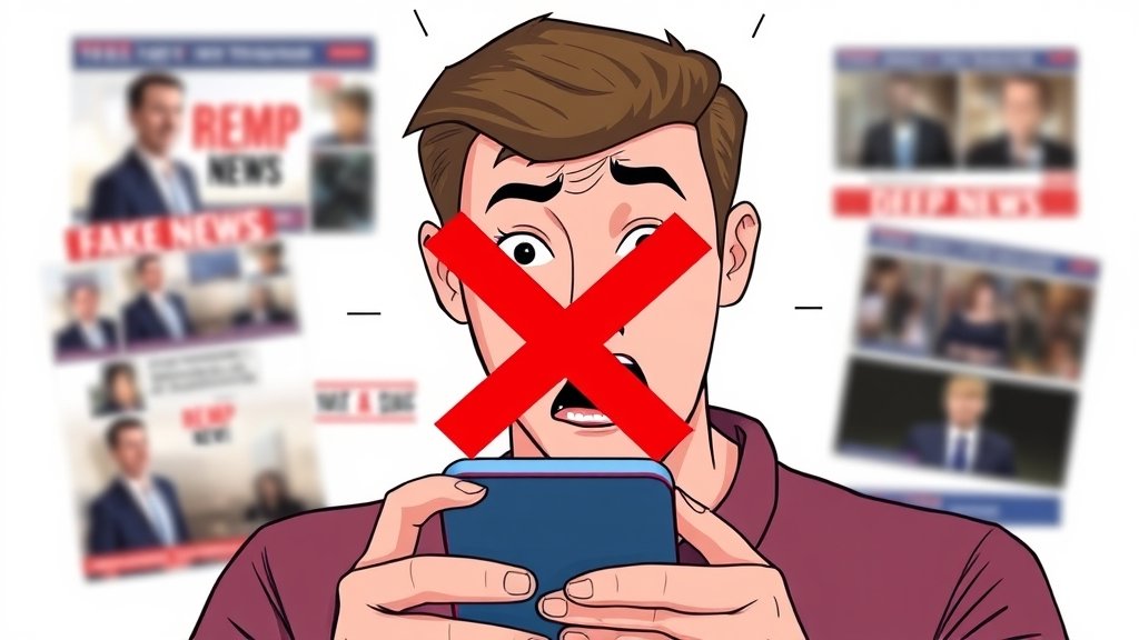 A graphic illustration of a person looking at a smartphone with a shocked expression, surrounded by blurred images of fake news and deepfakes, with a red "X" symbol overlaid on the screen.