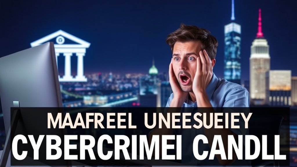 A photo of a person sitting in front of a computer with a shocked expression, with a background of a bank's logo and a cityscape at night, symbolizing the uncovering of a major cybercrime scandal.