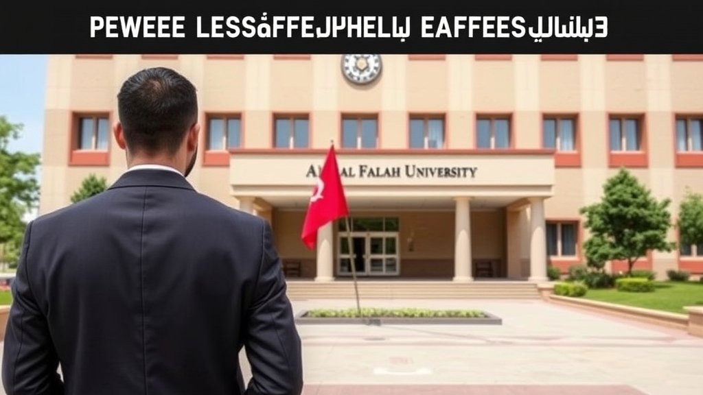 An image of a person in a suit standing in front of a university building with a red flag, symbolizing the Enforcement Directorate's action against Al-Falah University.