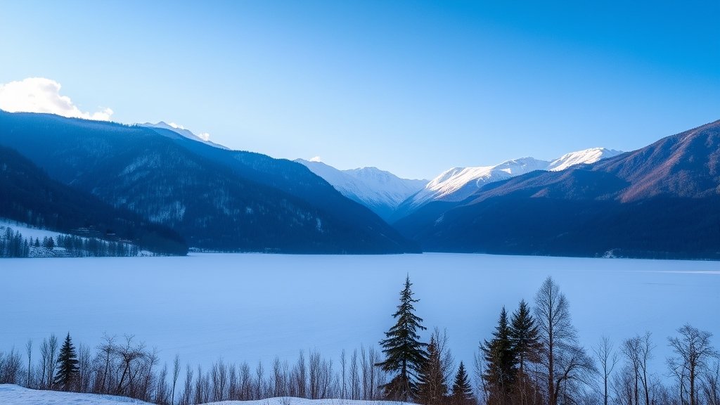 A serene landscape of snow-covered mountains in Kashmir with a few trees and a frozen lake in the foreground, under a clear blue sky with a few clouds.
