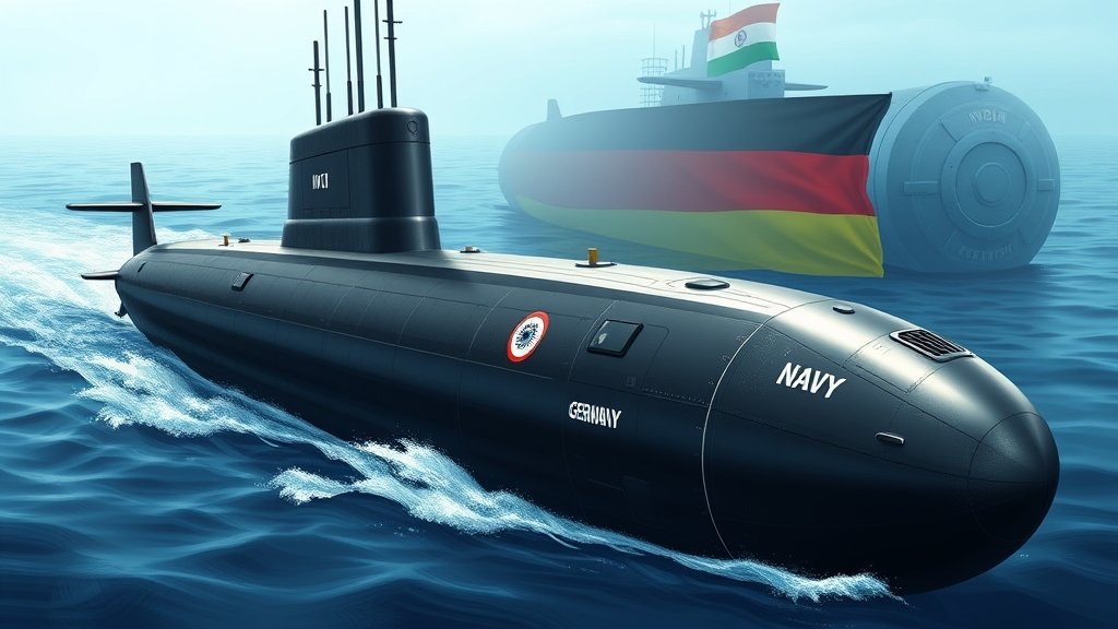A detailed illustration of an Indian Navy submarine with a German-made component in the background, symbolizing the cooperation between India and Germany in the field of defence and technology.