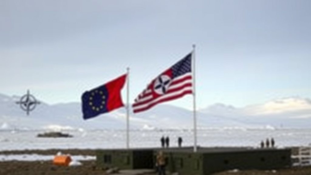 A photograph of a NATO military base in Greenland with European and American flags in the background, surrounded by icy landscapes and a few military personnel in the distance.