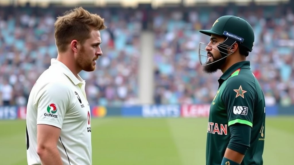 A photo of Steve Smith and Babar Azam facing each other on a cricket field, with a dramatic expression and a blurred background of a packed stadium.