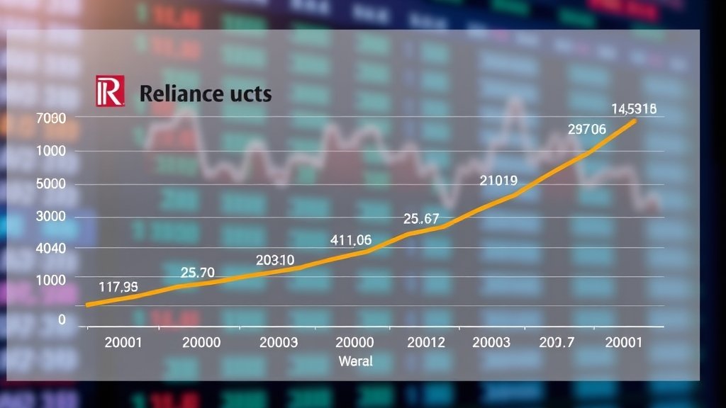 A graph showing the growth of Reliance Industries Limited's profit over the years, with a background image of a stock market screen.