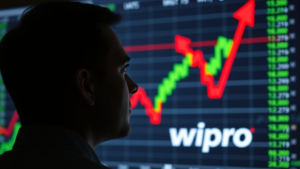 A photo of a person looking at a stock market graph with a mix of green and red arrows, representing the ups and downs of the tech industry, with a subtle background image of the Wipro logo.