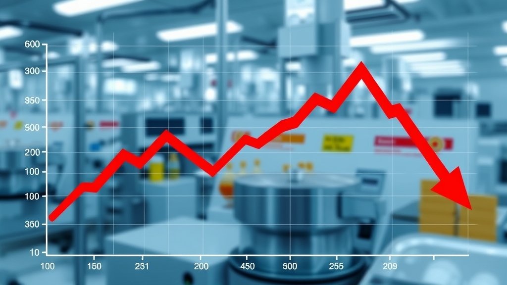 A graph showing the decline in Cipla's stock price with a background image of a pharmaceutical factory or a stock market screen