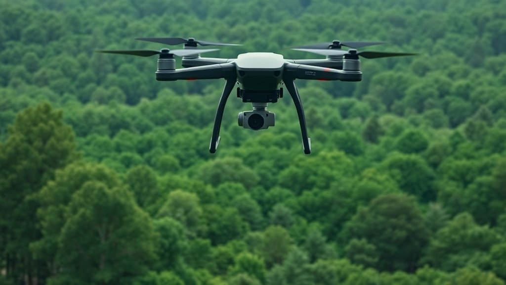 Generate an image of a dense forest with a lidar sensor attached to a drone, scanning the forest canopy to estimate the leaf area index.