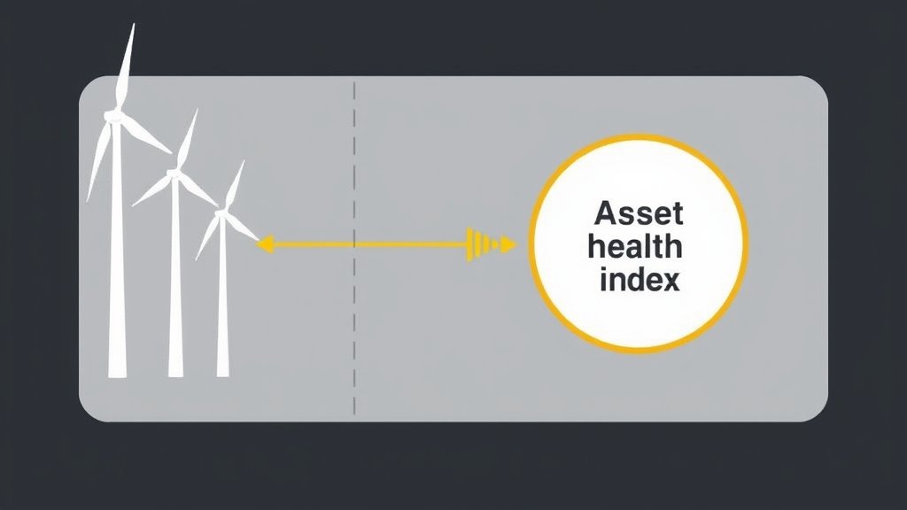A diagram showing the integration of wind turbines with a monitoring system, highlighting the concept of an asset health index.