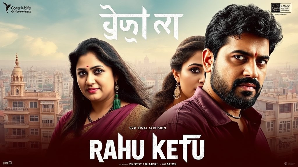 A poster of the movie Rahu Ketu with the lead actors in the foreground and a cityscape in the background, with a mix of traditional and modern elements.
