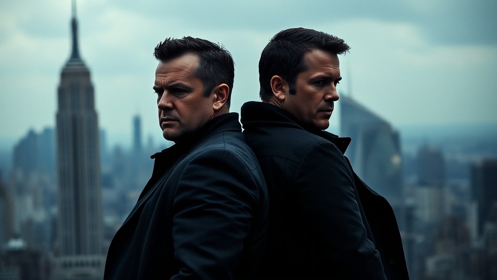 A dark and gritty image of Matt Damon and Ben Affleck standing back to back, with a cityscape in the background, conveying a sense of brotherhood and tension.