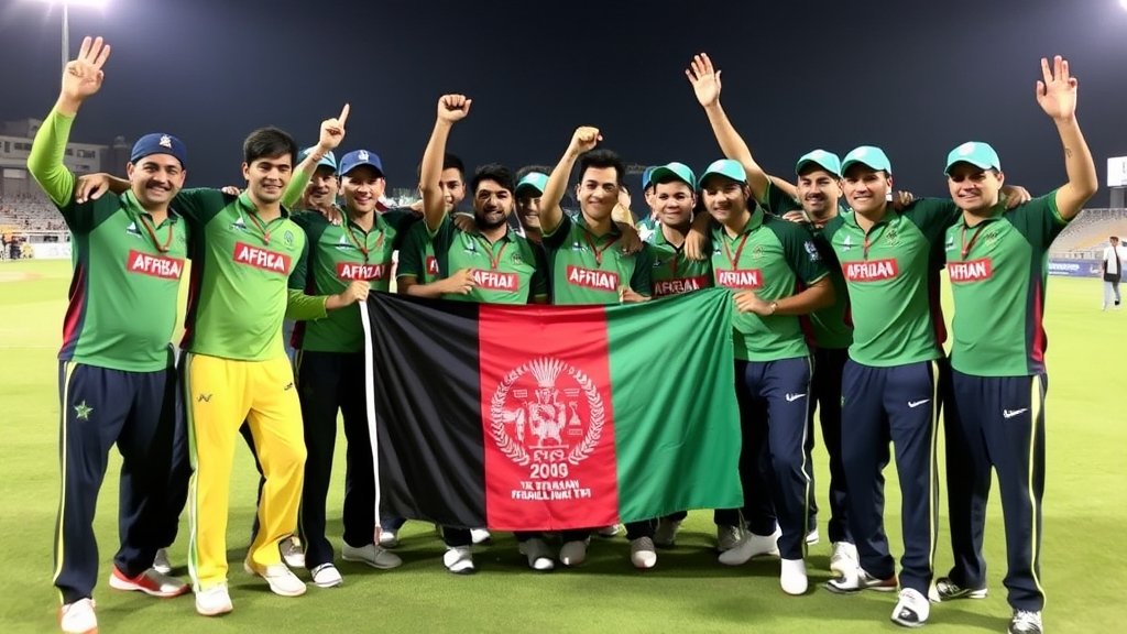 A photo of the Afghan under-19 cricket team celebrating their win over South Africa in the U19 World Cup, with the team's flag and jerseys prominently displayed.