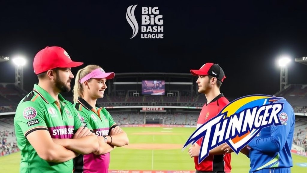 A photo of the Sydney Sixers and Sydney Thunder teams facing off in a Big Bash League match, with the Sydney Cricket Ground in the background.