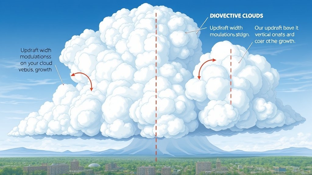 A detailed illustration of convective clouds with updrafts and downdrafts, showing the effects of updraft width modulations on cloud vertical growth, with a cityscape or landscape in the background to provide context.