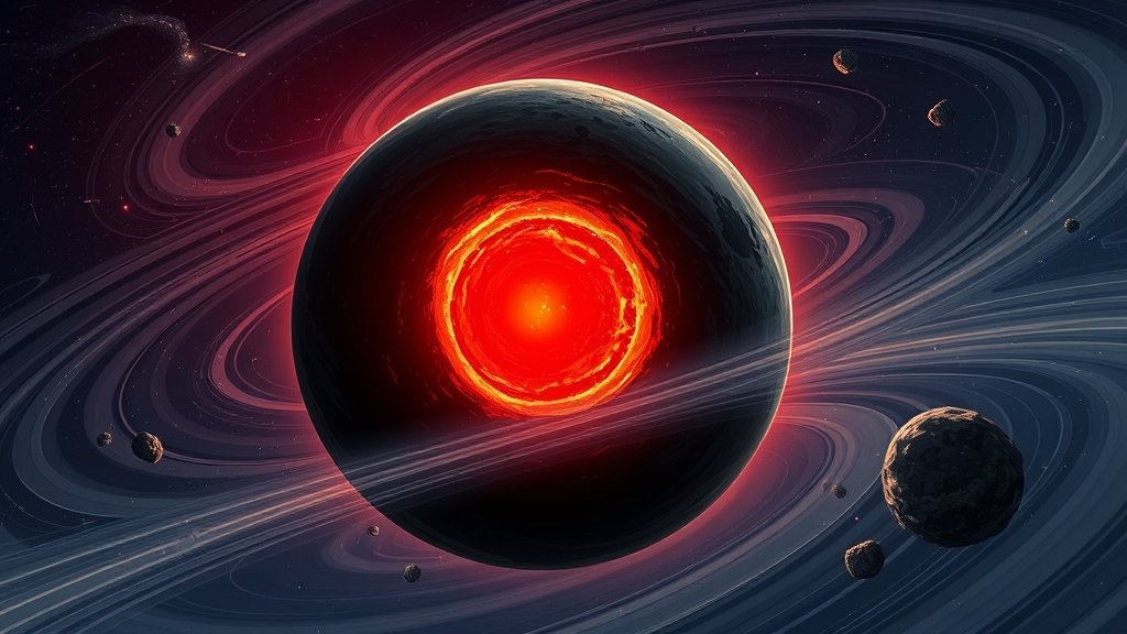 An illustration of a planet's core with a red glow, surrounded by a swirling atmosphere, with asteroids and comets in the background.