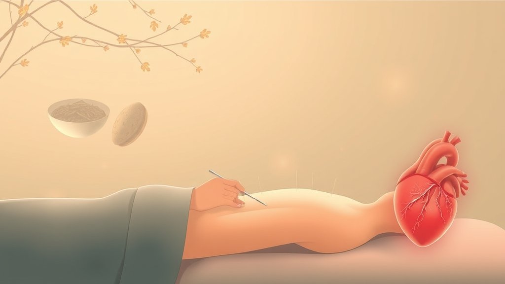 A serene illustration of a patient receiving acupuncture treatment with a subtle background of traditional Chinese medicinal herbs and a faint image of a heart with improved blood flow.