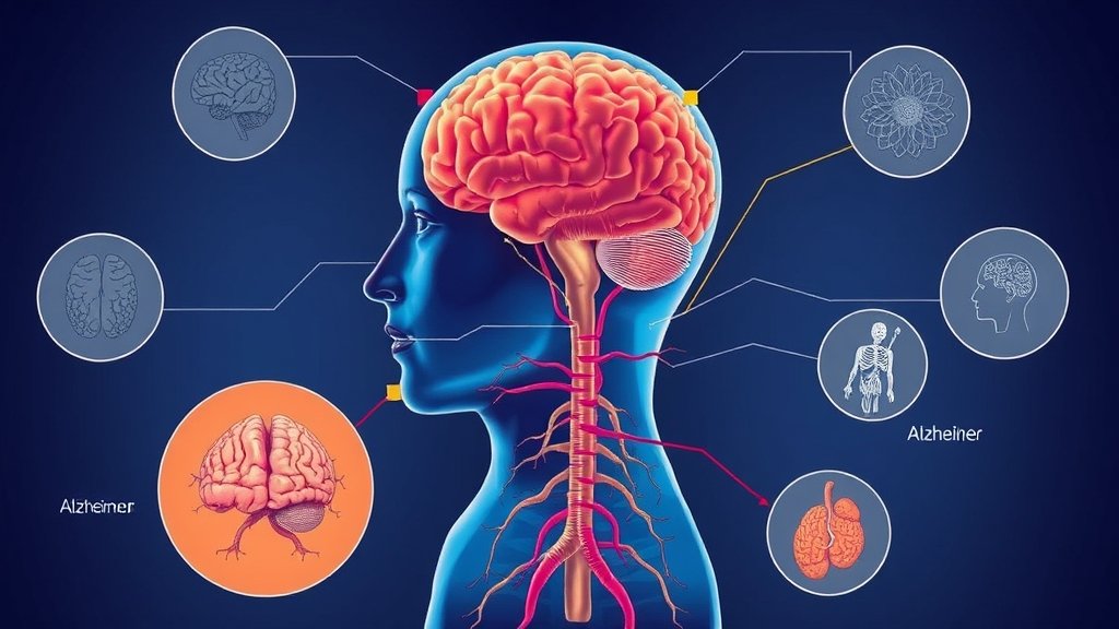 A detailed illustration showing the connection between the brain and other bodily systems, highlighting the spread of Alzheimer's disease beyond the brain.