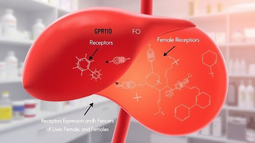 An illustration of a liver cell with GPR110 receptors, highlighting the differences in receptor expression between males and females, with a subtle background of a medical research laboratory.
