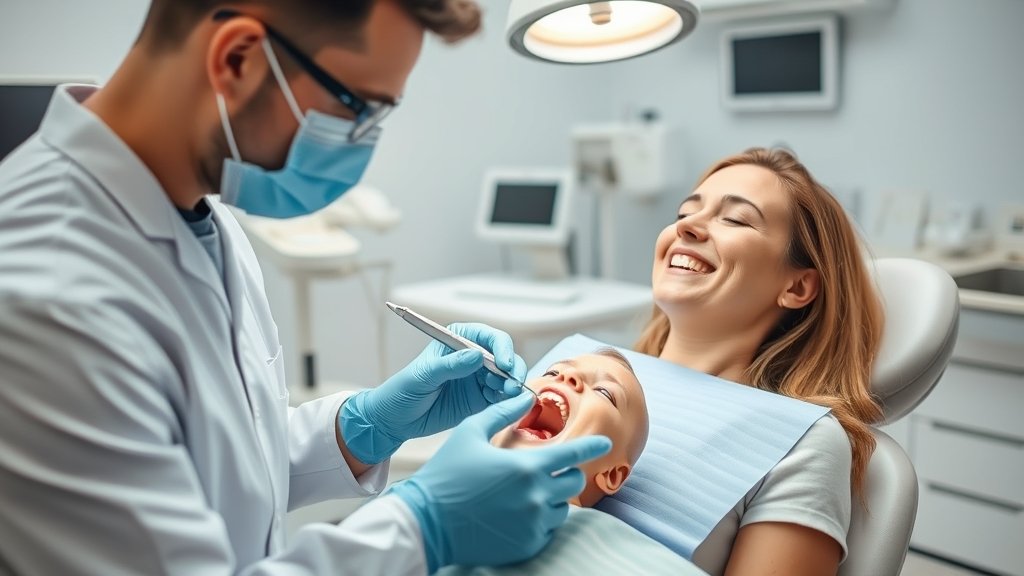 A photo of a dentist performing a tooth reimplantation procedure in a well-equipped dental clinic, with a focus on the dentist's skilled hands and the patient's relieved expression.