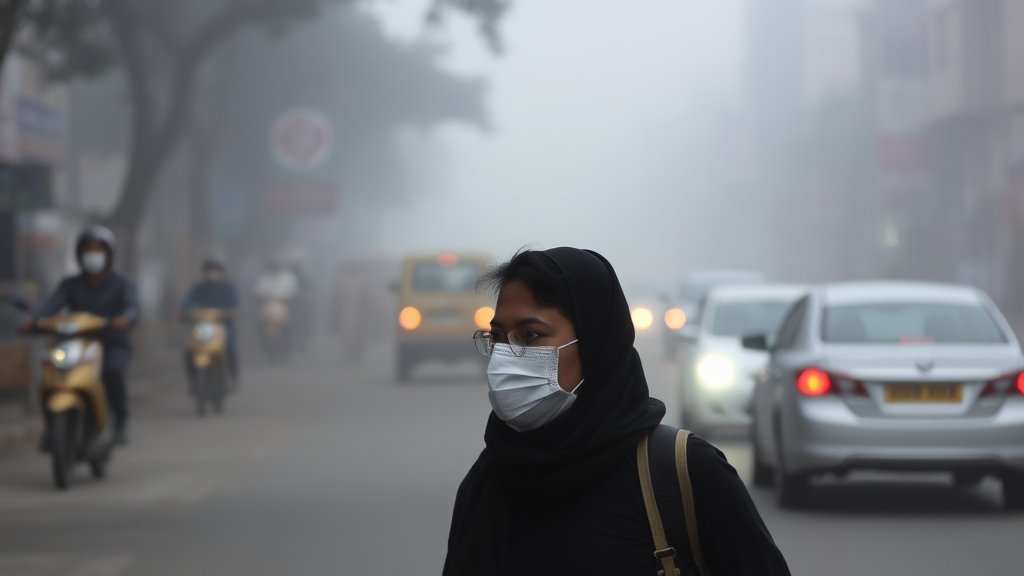 A photo of a person wearing a mask while walking in a foggy street in Delhi, with a blurred background of vehicles and buildings.