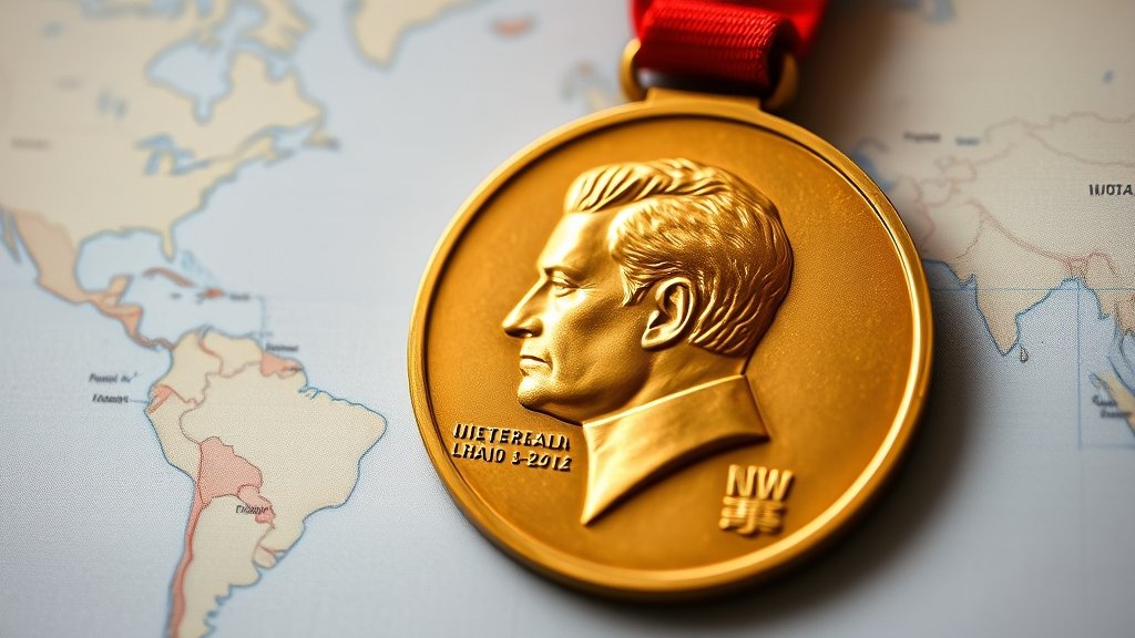 A photo of a Nobel Prize medal with a subtle background image of a world map, symbolizing international relations and global politics.