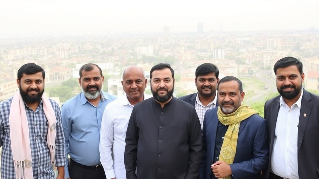 A photo of Asaduddin Owaisi with 6 non-Muslim winners of the Maharashtra civic polls, with a cityscape in the background
