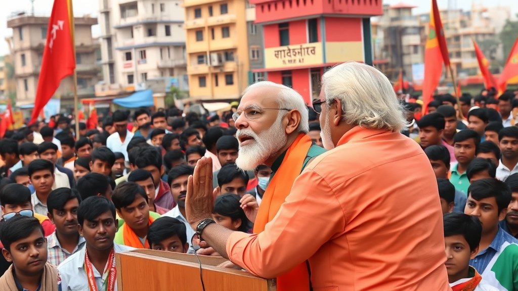 A photo of PM Modi addressing a crowd in West Bengal, with a background of urban development and young people