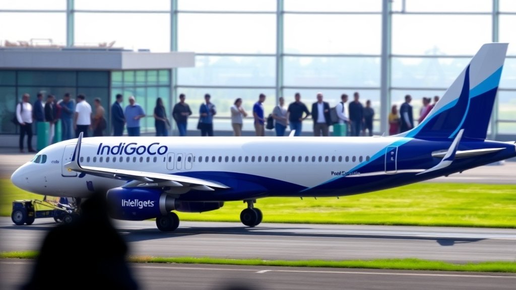 A photo of an IndiGo airplane on the runway with a blurred background of passengers waiting in the terminal, conveying a sense of disruption and delay