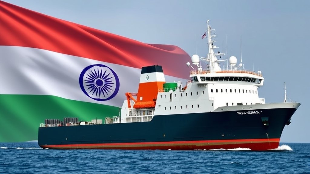 A photo of an Indian ship in international waters with a Iranian flag in the background, symbolizing the detention of Indian seafarers by Iran