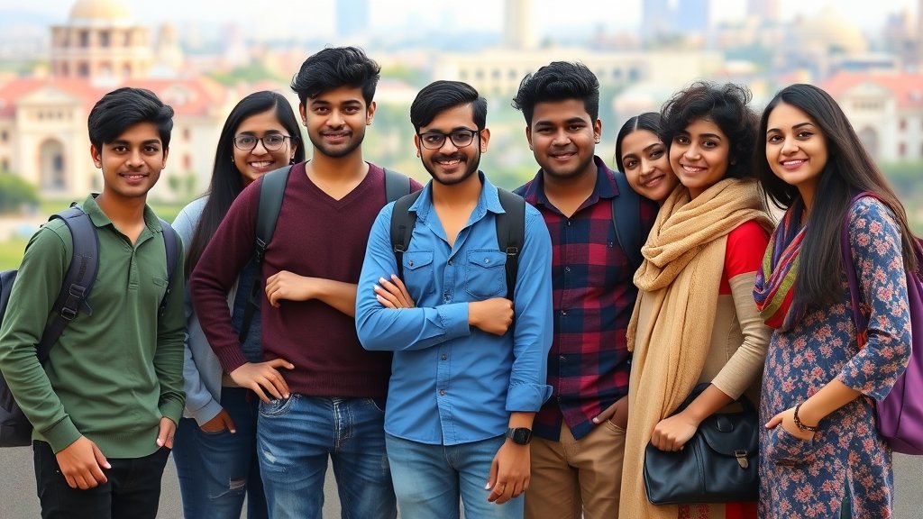 A group of students from different castes and backgrounds standing together, with a cityscape or university campus in the background, symbolizing unity and equality in education