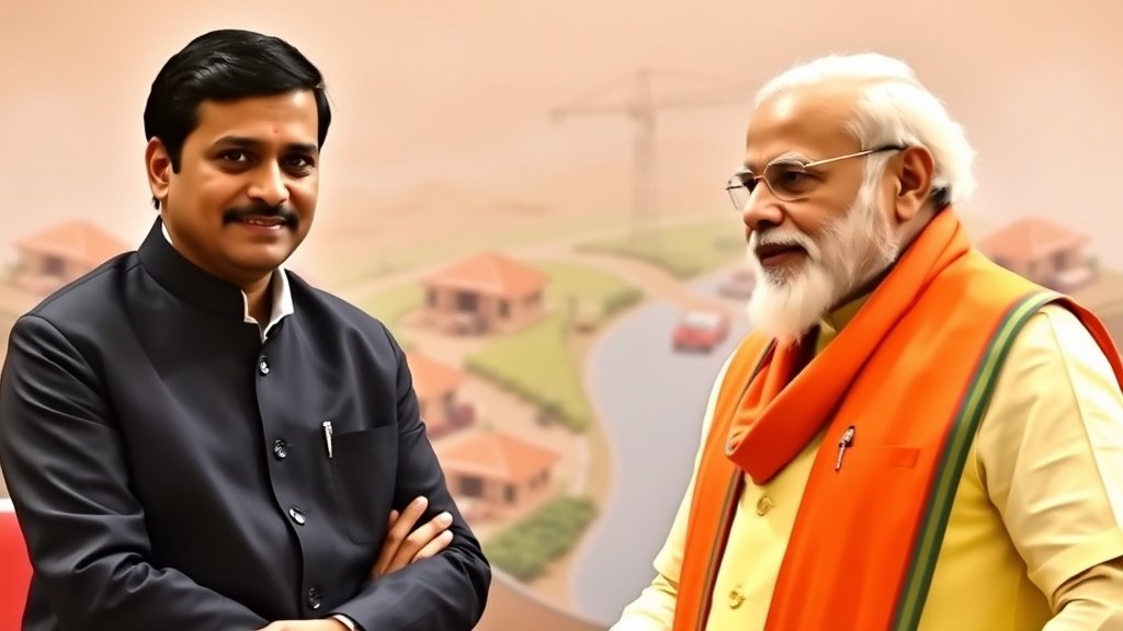 A photo of Telangana Chief Minister Revanth Reddy meeting with Prime Minister Narendra Modi, with a background of Telangana's development projects.