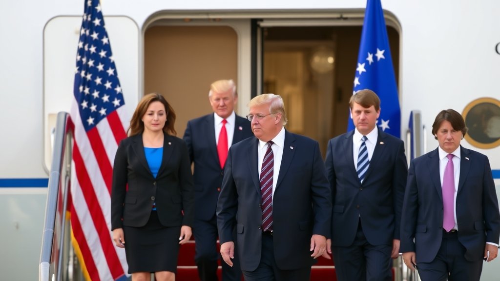 A photo of the Ukrainian delegation arriving in the US for peace talks with Trump officials, with a backdrop of the US and Ukrainian flags.