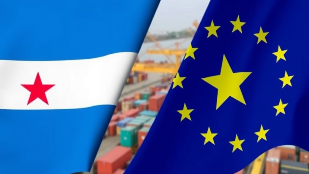 A photograph of the EU and Mercosur flags side by side, with a background of a busy port or a trade negotiation meeting, symbolizing the newly signed trade agreement between the two blocs.
